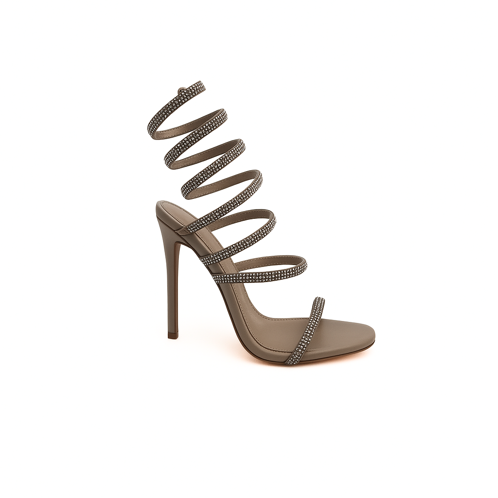 Beige High Heel Sandalette mit mit glitzernden Spiralriemen