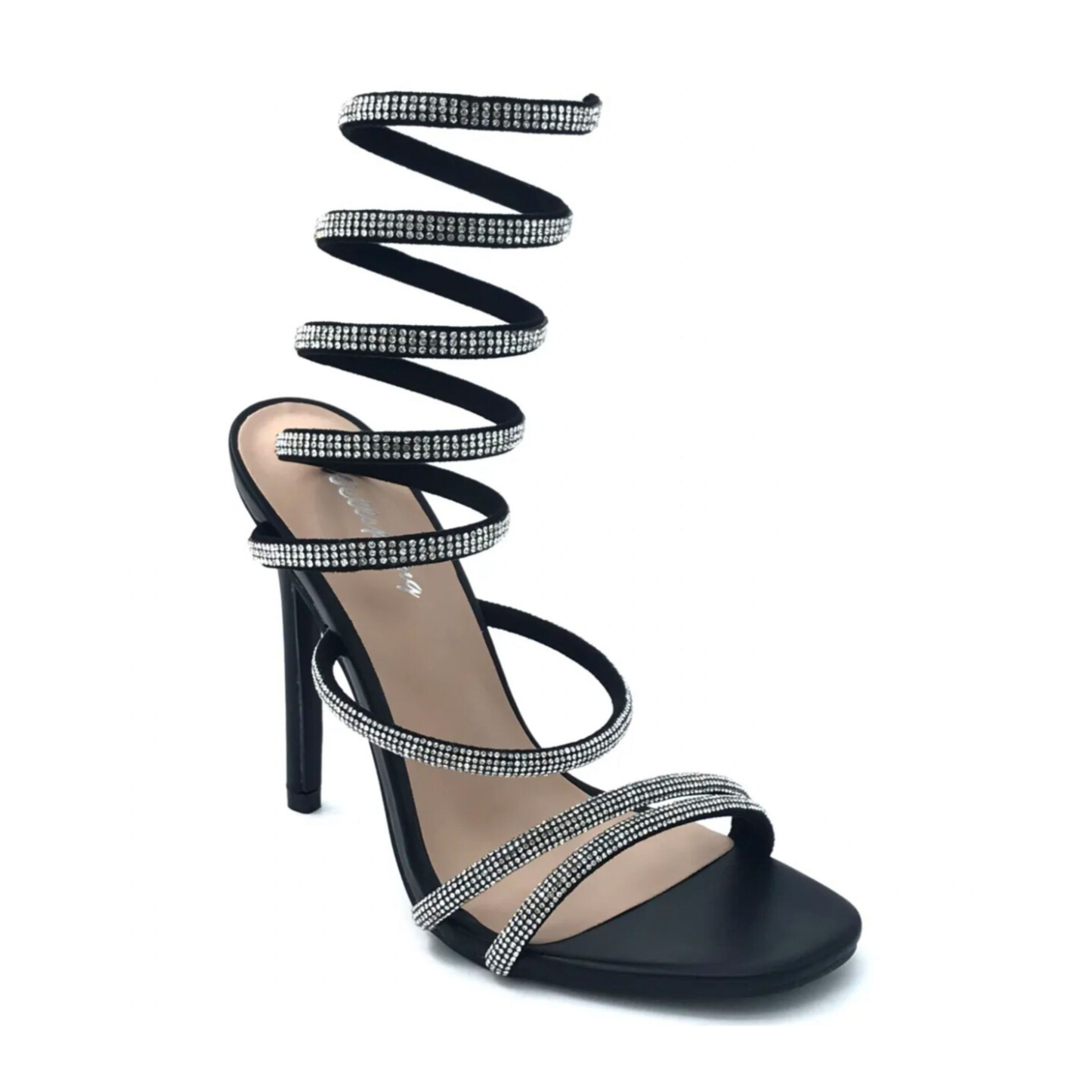 Schwarze High Heel Sandalette mit glitzerndem Spiralriemen