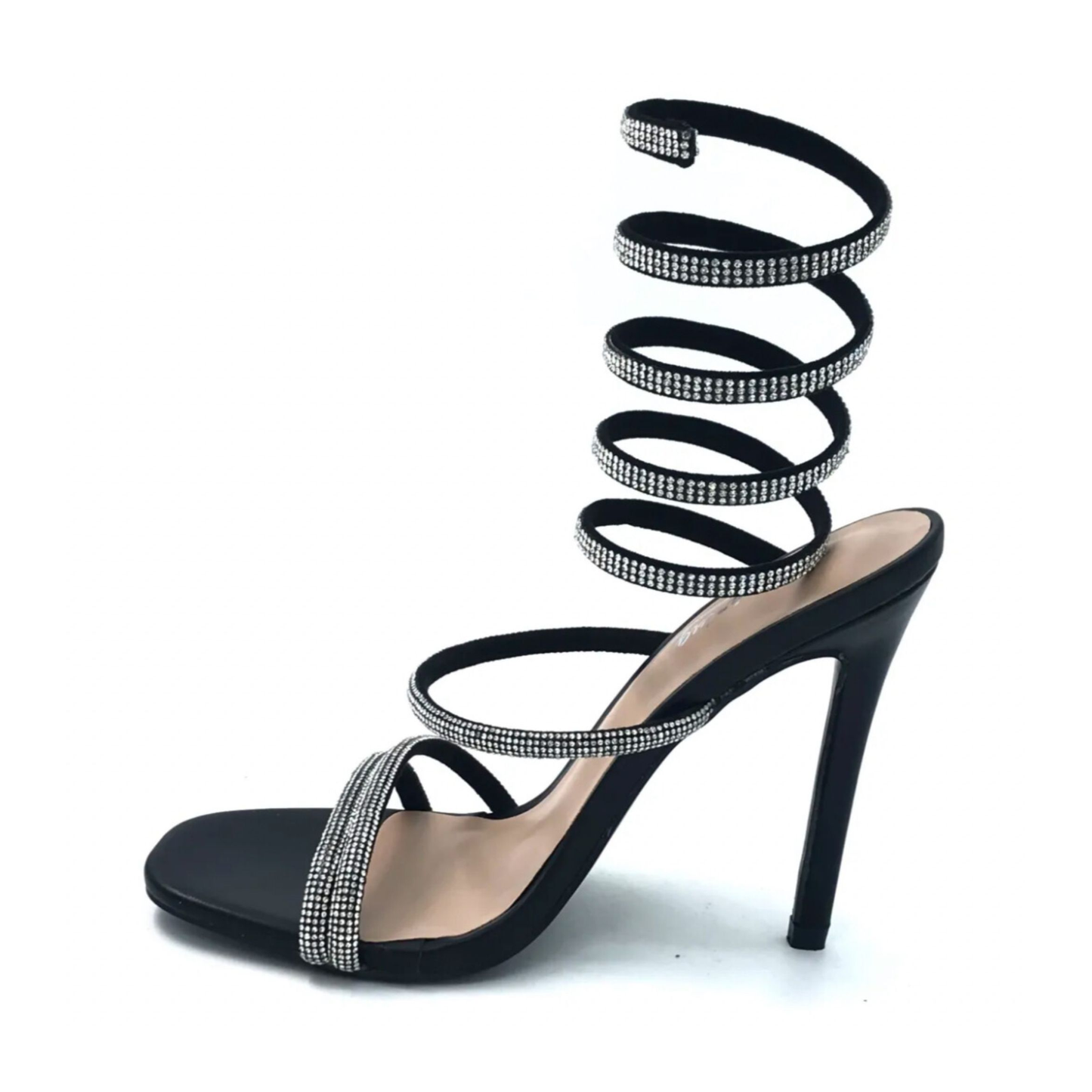 Schwarze High Heel Sandalette mit glitzerndem Spiralriemen