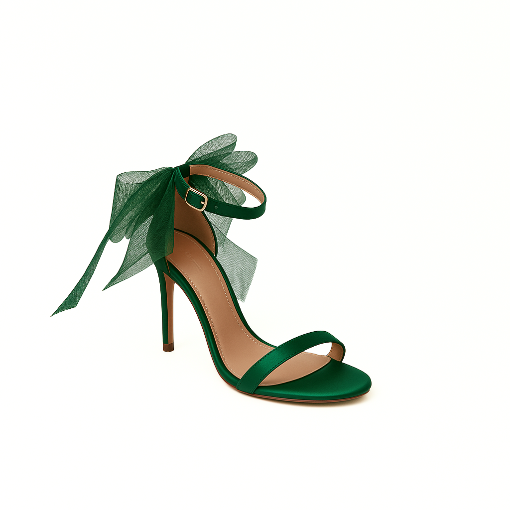 Satin-Sandalette in Grün mit Tüllschleife