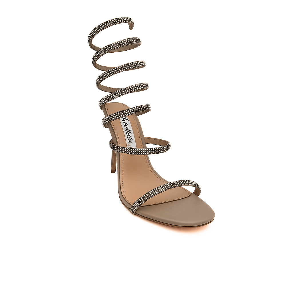 Beige High Heel Sandalette mit mit glitzernden Spiralriemen