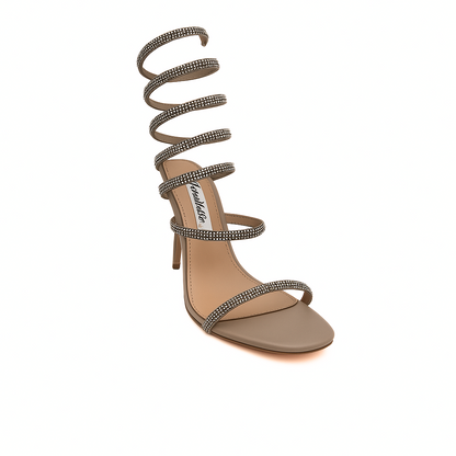 Beige High Heel Sandalette mit mit glitzernden Spiralriemen