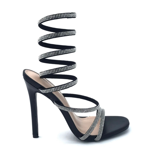 Schwarze High Heel Sandalette mit glitzerndem Spiralriemen