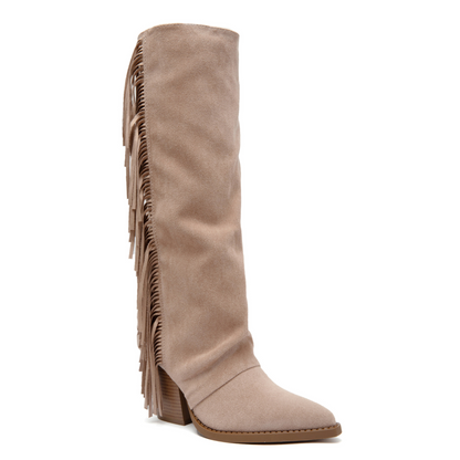 Stiefel in Beige mit Fransen und Blockabsatz