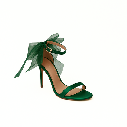 Satin-Sandalette in Grün mit Tüllschleife