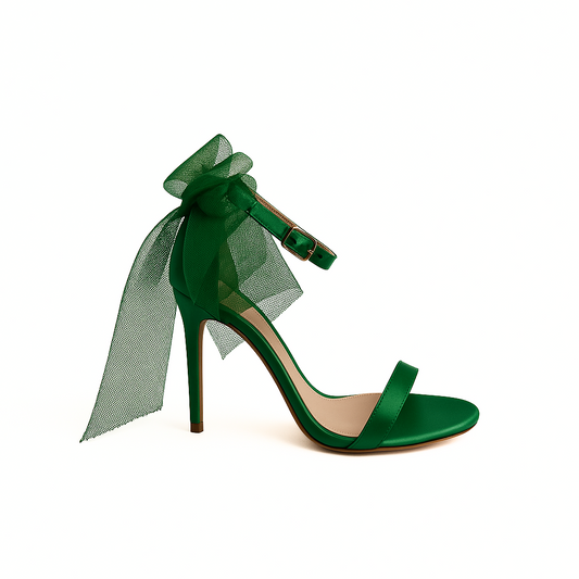 Satin-Sandalette in Grün mit Tüllschleife